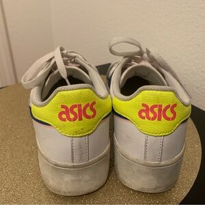 ASICS White and Blue Athletic Shoes with Neon Accents